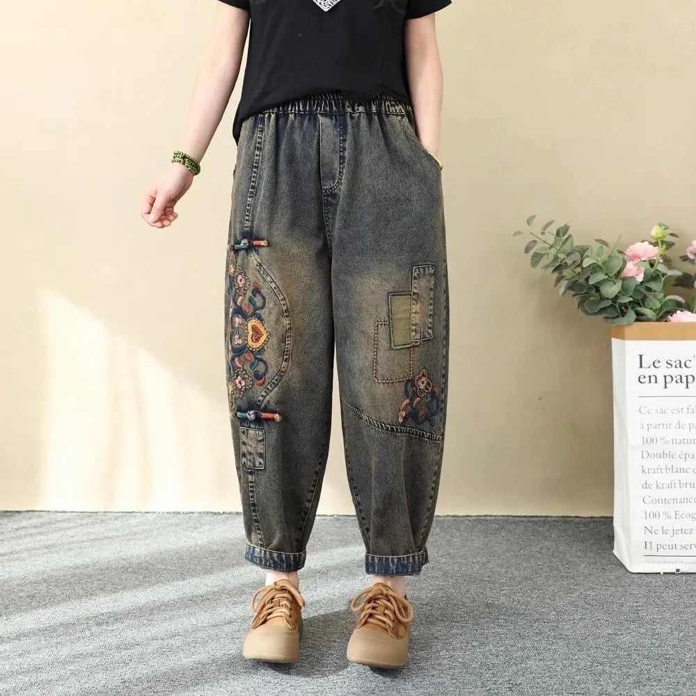 Women's Retro Embroidered High-Waist Jeans