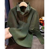 Miyake Pleated Sweatshirt Pit Stripe Zipper Standing Collar Jacket Women 2025 New Casual Pullover Hundred Pleat Skinny Tops