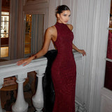 Elegant Red Sequin Sleeveless Maxi Gown