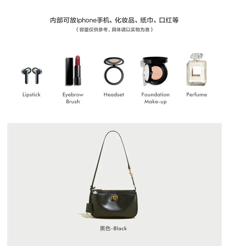 2026 Spring New Luxury Brand Women Shoulder Bags Split Leather Black Handbags Women Fashion Gold Buckle Underarm Bags
