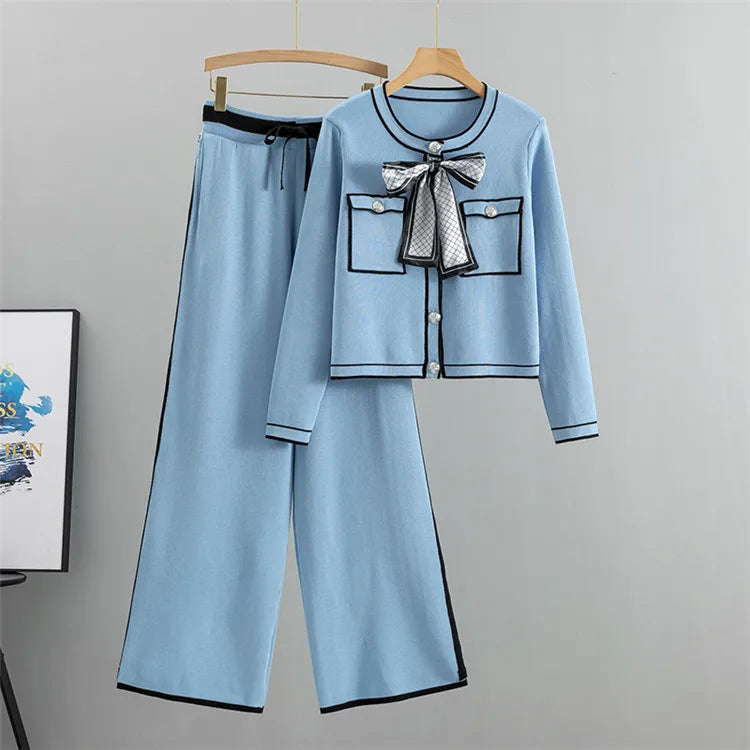 Autumn Women’s Elegant 2-Piece Pleated Set – Knit Bowknot Top & Wide Leg Pants