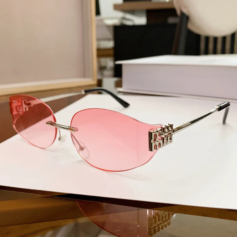 Oversized Rimless Oval Sunglasses – UV400 Metal Frame