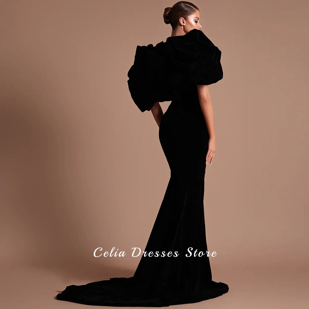 Velour Mermaid Evening Gown | Off-Shoulder Crystal