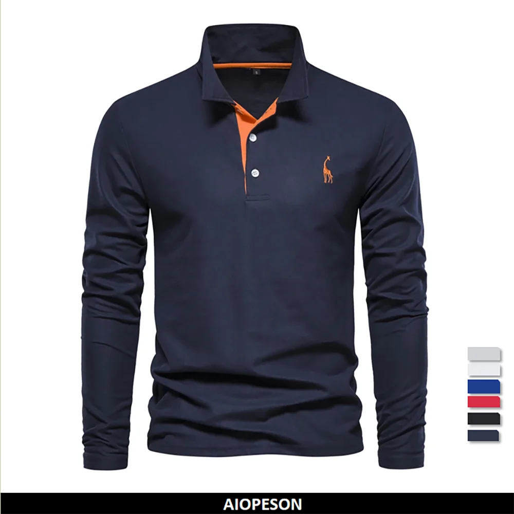 AIOPESON Men's Deer Embroidery Polo Shirt – Long Sleeve