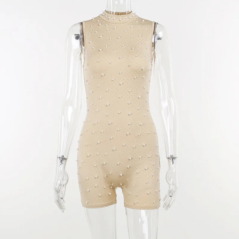 Elegant O-Neck Sleeveless Jumpsuit - Chic Beaded Mesh Mesh Romper in Apricot