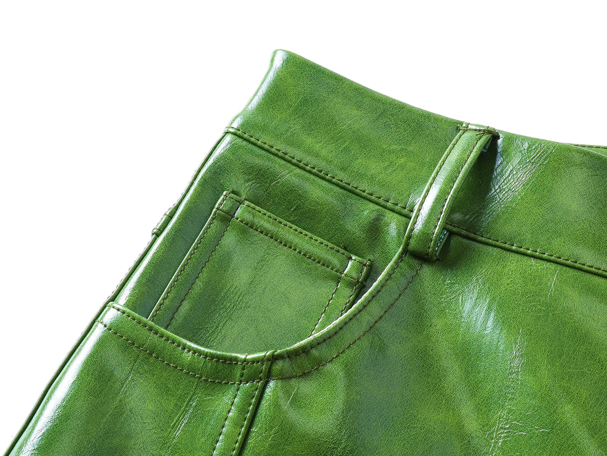 Olive Green PU Leather Wide Leg Pants — Men's Y2K Streetwear Trousers