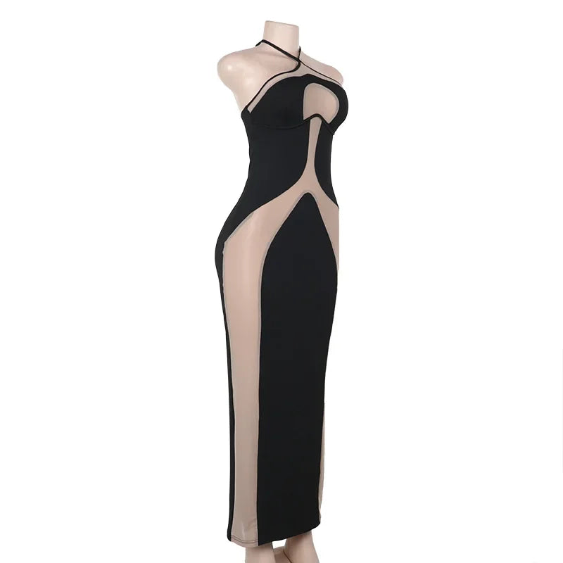 Elegant Mesh Patchwork Halter Gown