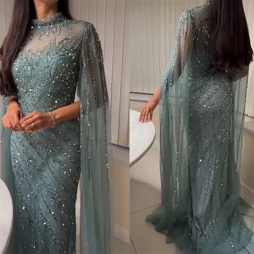 Luxury Beaded Mermaid Evening Gown | Cape Sleeve