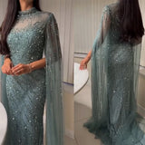 Luxury Beaded Mermaid Evening Gown | Cape Sleeve