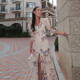 V Neck High Split Half Sleeve Slim Long Dress Print Waist Cinching Ruffle Hem Maxi Robes 2026 Women Party Vacation Vestidos