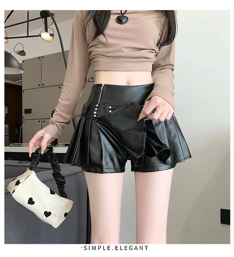 Women's Black Gothic Pleated Faux Leather Mini Skirt