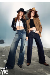 TOYOUTH Women Denim Jeans 2025 Autumn New Lycra Stretch Washed Wide Leg Straight Long Pants