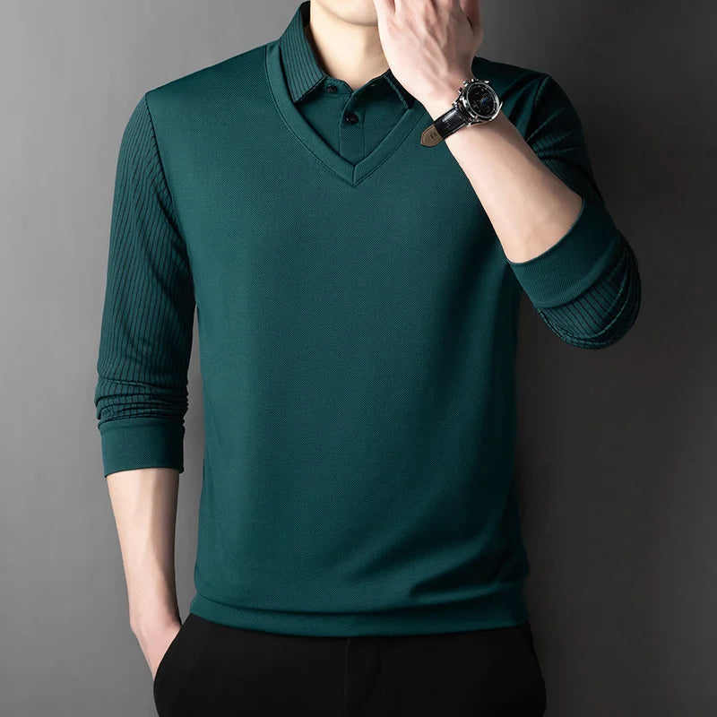 Men's Contrast Polo Shirt – Relaxed Long Sleeve Layered Look