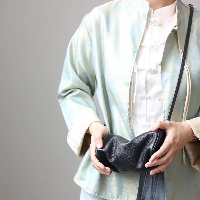 Full Grain Leather Soft Balck Small Size Crossbody Bags For Women Luxury Adjustable Shoulder Strap Underarm Bag Portable Handbag
