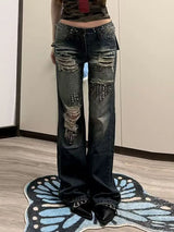 Women's High-Waist Rivet Distressed Straight-Leg Jeans