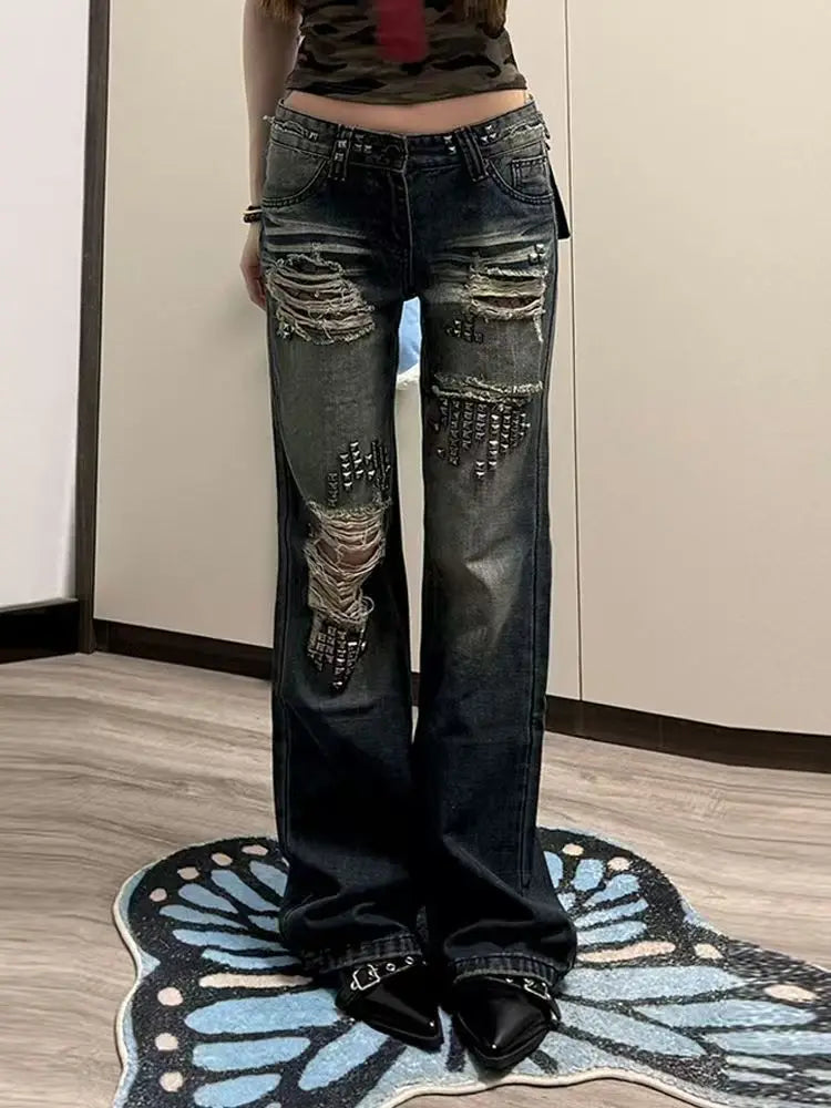 Women's High-Waist Rivet Distressed Straight-Leg Jeans