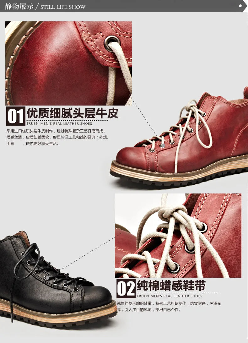 KOWM Hiking shoes men's walking boots British thick soled cowhide high top motorcycle boots ankle sneakers  casual trekking shoe