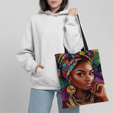 African Women Print Linen Tote Bag, Aesthetic School Shoulder Bag, Lightweight Grocery Shopping Bag