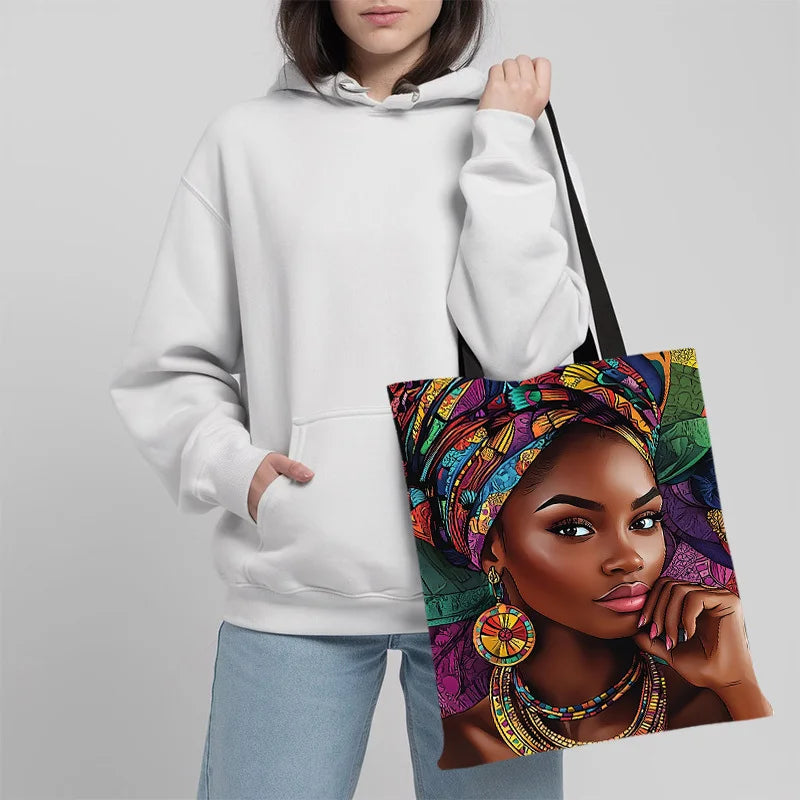 African Women Print Linen Tote Bag, Aesthetic School Shoulder Bag, Lightweight Grocery Shopping Bag