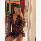Women Red Floral Printed Mini Dress V-neck Short Sleeved Puff Sleeve Waist Trim Ruffle Slit Hem Dresses 2026 Summer Party Gown