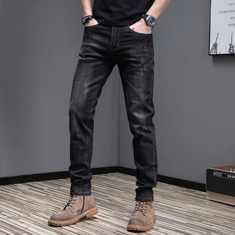 Embroidered Jeans Men's Autumn Winter New Korean Fashion Slim Little Feet Trousers Stretch Vintage Street Denim Trousers Male