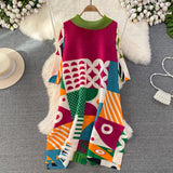 Miyake Pleated Drape Dress – Colorblock Print, 3/4 Sleeve