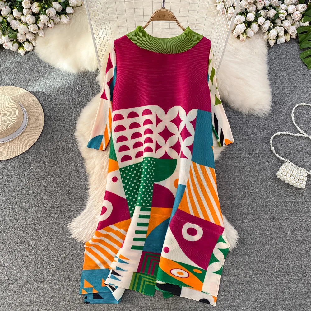 Miyake Pleated Drape Dress – Colorblock Print, 3/4 Sleeve