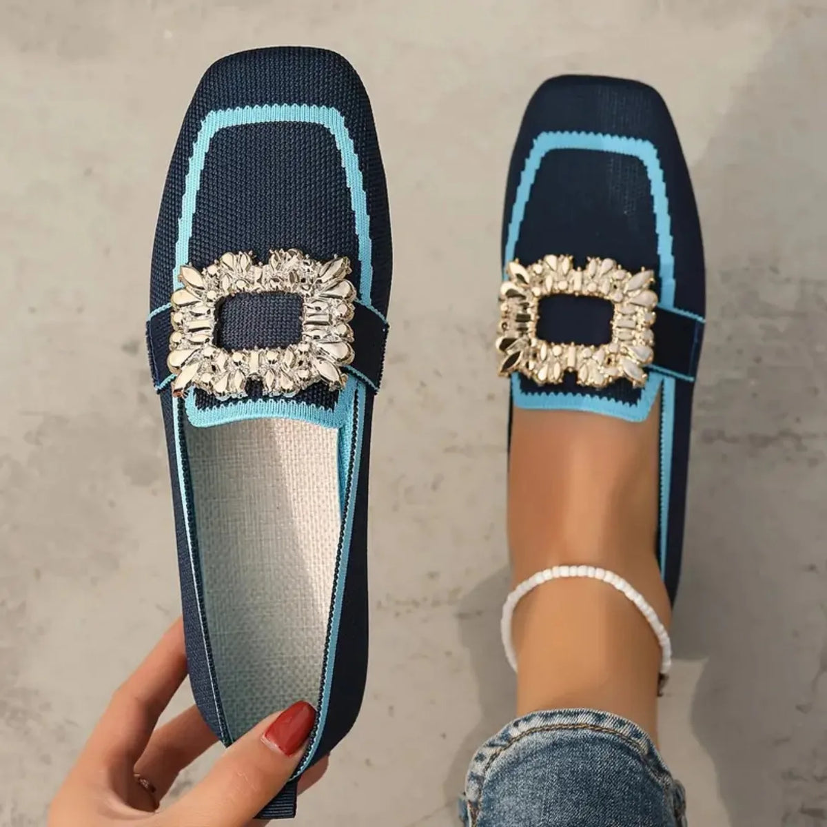 Women Flats Spring 2025 New Large Size Flat Loafers Shoes Women Knitting Slip-on Square Head Breathable Fashion Shoes for Women