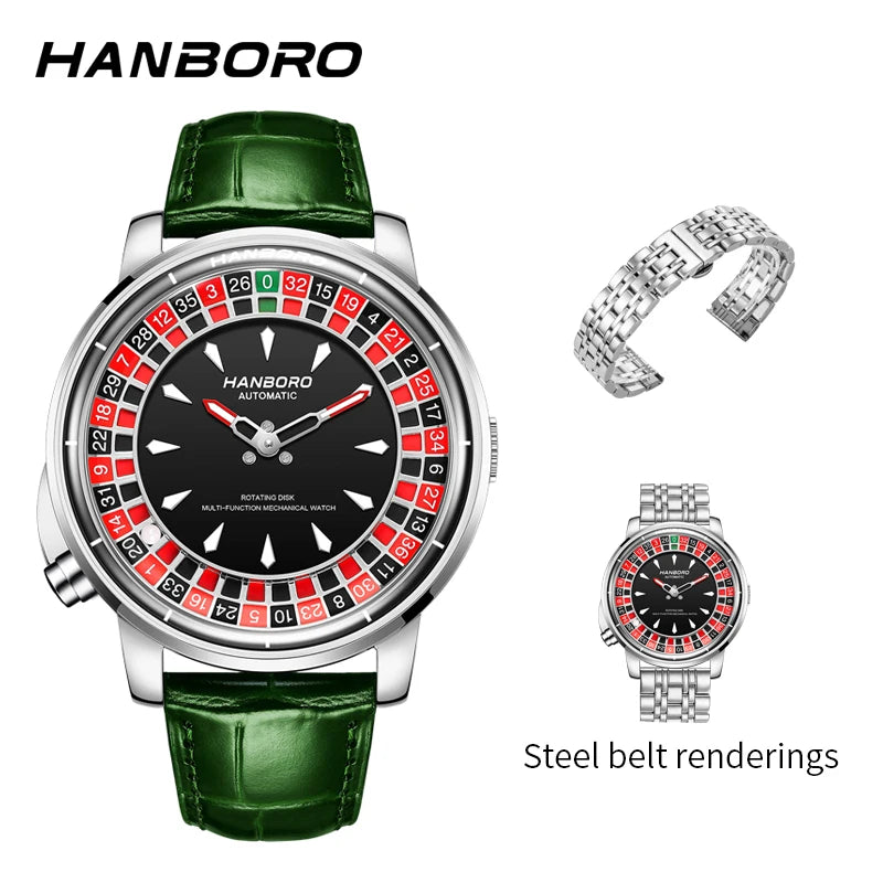HANBORO Men's Fully Automatic Mechanical Watch Casino Wheel Rotating Dial Luxury Rose Gold Unique Personalized Watch