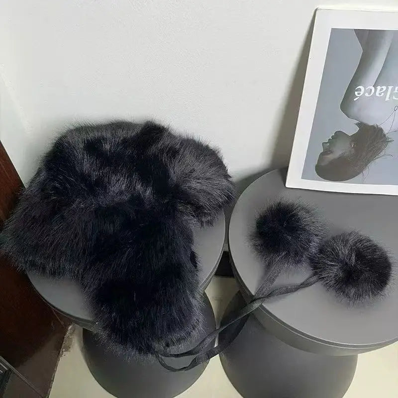 INS Fluffy Faux Fur Trapper Hat Women Pompom Ties Russian Ushanka Earflap Cap Bomber Hat Winter Ski Beanie Bonnet Accessories
