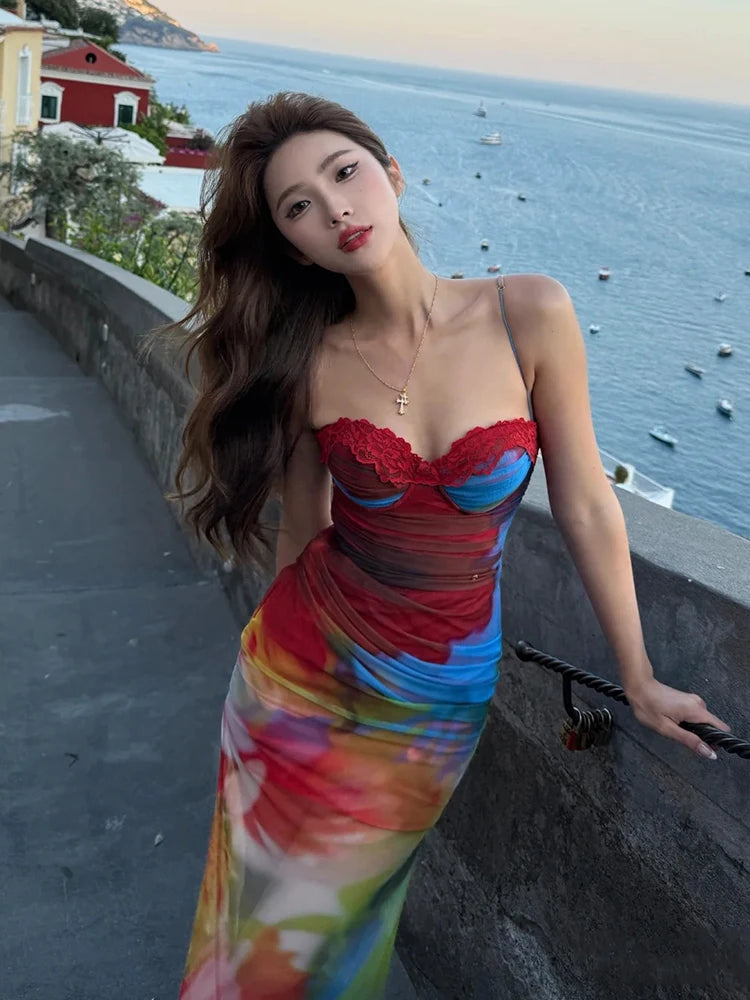 Colorful Lace Maxi Dress with Stretch Fit
