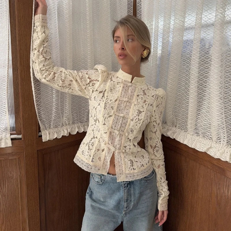 2026 Summer Lace Printed Shirts Tops Female Hollow Out Fashion Commute Vintage See-Through Blouse Women's Lace Shrug Shirts New