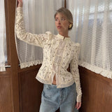 2026 Summer Lace Printed Shirts Tops Female Hollow Out Fashion Commute Vintage See-Through Blouse Women's Lace Shrug Shirts New