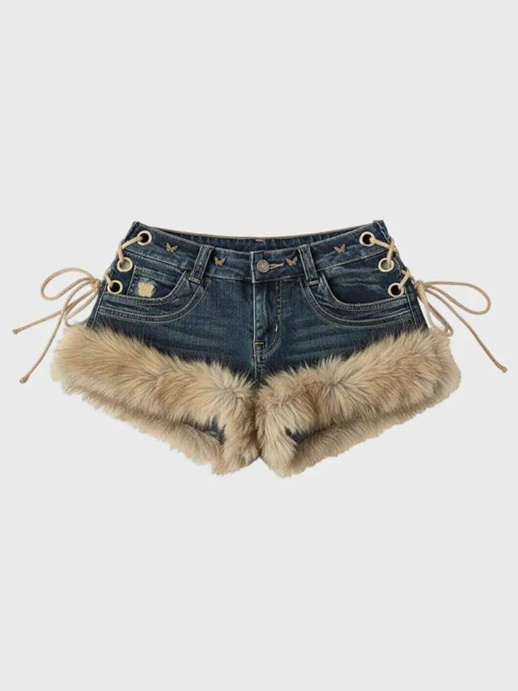 Retro Y2k Low-Rise Denim Shorts – Winter Fluffy Feather Splicing Slim Hot Pants