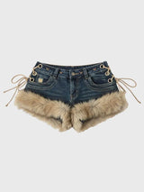 Retro Y2k Low-Rise Denim Shorts – Winter Fluffy Feather Splicing Slim Hot Pants