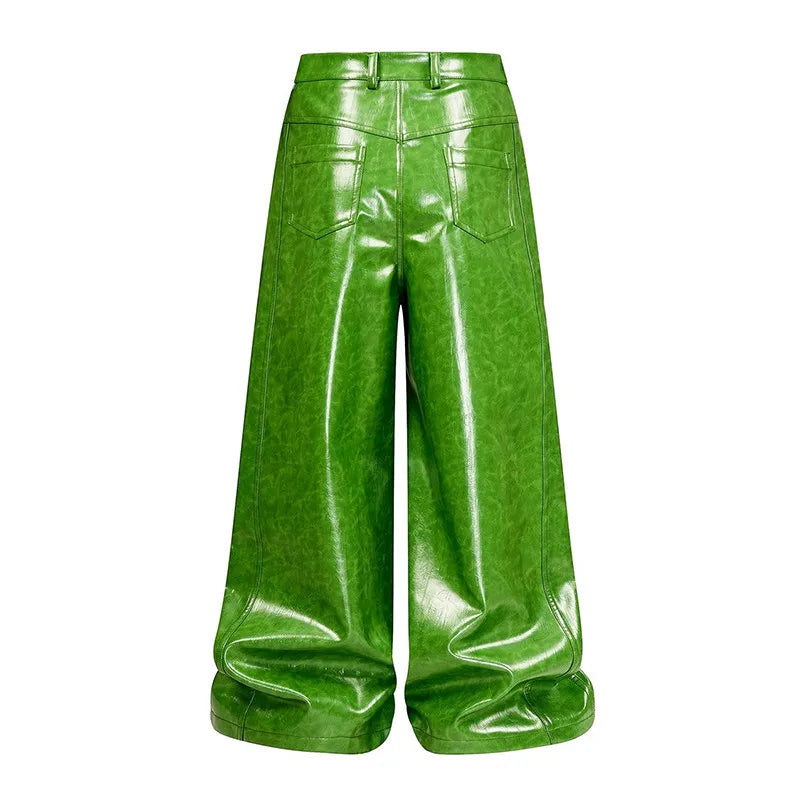Olive Green PU Leather Wide Leg Pants — Men's Y2K Streetwear Trousers