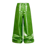Olive Green PU Leather Wide Leg Pants — Men's Y2K Streetwear Trousers