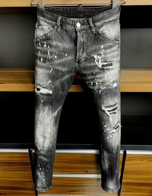 ICON BRAND D2 Men Jeans Denim Pants Hole Slim Pencil Trousers Metal Buttons Party Classics Fashionable Black DSQ2 JENAS