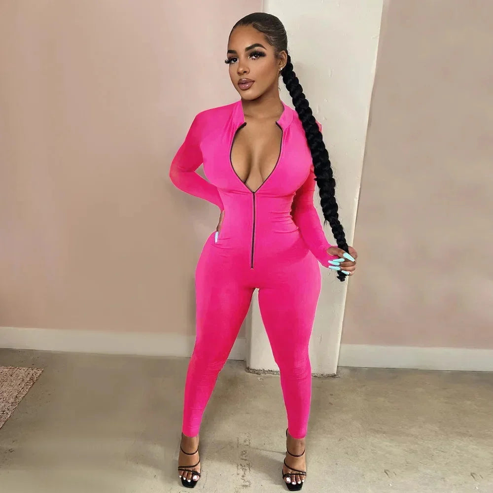 Sleek Deep-V Zip-Front Bodycon Romper – Athletic Fitness Jumpsuit