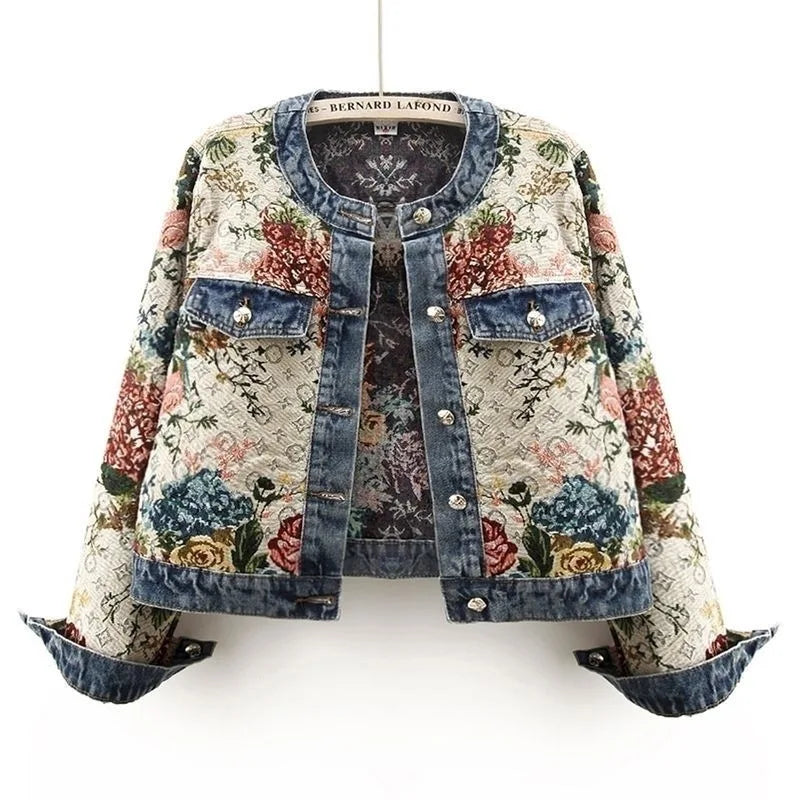Retro Jacquard Denim Jacket | USA-Made Women's Cropped Spring Coat