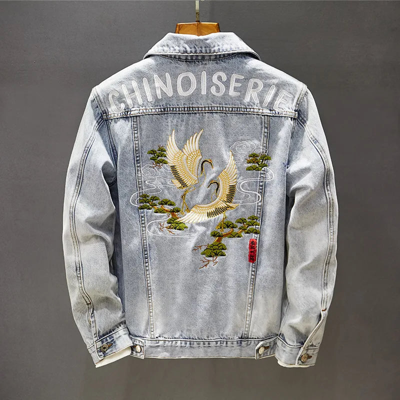 New Denim Jacket Mens Embroidery Trendy Jackets Casual Vintage Streetwear Coats Autumn High Street Embroidery Denim Jacket