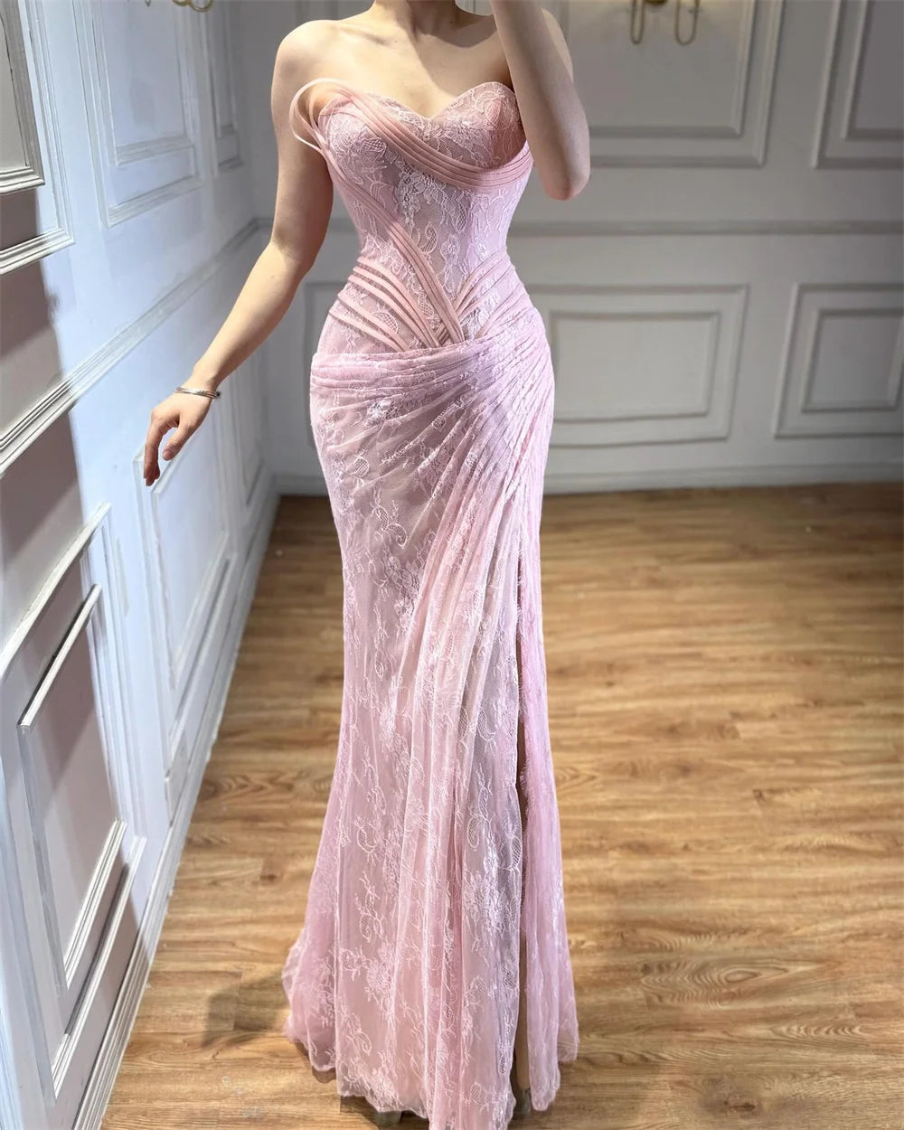 Contessa Pink Lace Off-Shoulder Mermaid Evening Gown