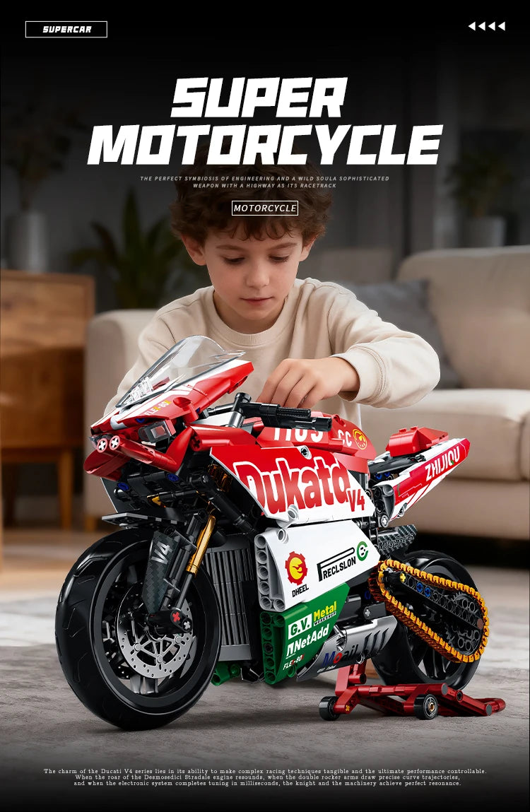Technology motorcycle building block set, V4 super motorcycle model set, technology racing, STEM assembly toy gift for boys and