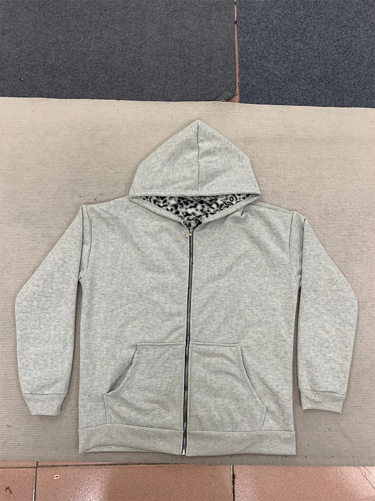 Men’s Grey Leopard Print Zip-Up Hoodie