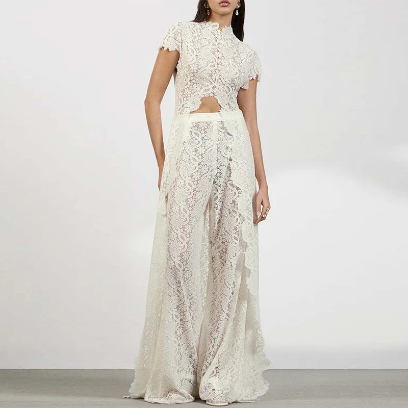 Women Pant Set Stand Collar Lace Sheer Sleeveless Split Front Top Wide Leg Solid Pant Casual Elegant Two Piece Set For Ladies