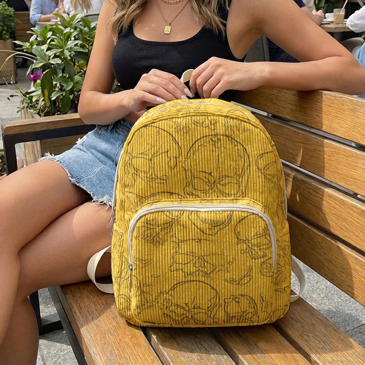 Gothic Skull Allover Print Women Fashion Backpack Corduroy Multi-pocket Large Capacity Commuter Bag
