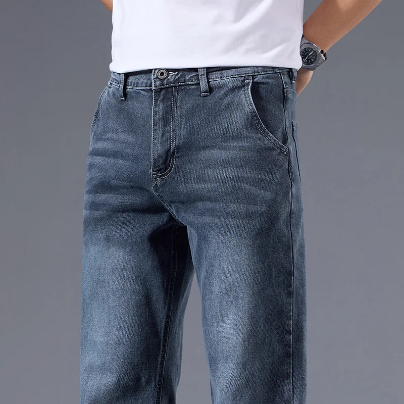 Men's Winter Fleece Thicken Lightweight Business Straight Leg Jeans Solid Color Versatile Slight Elastic Long Pants