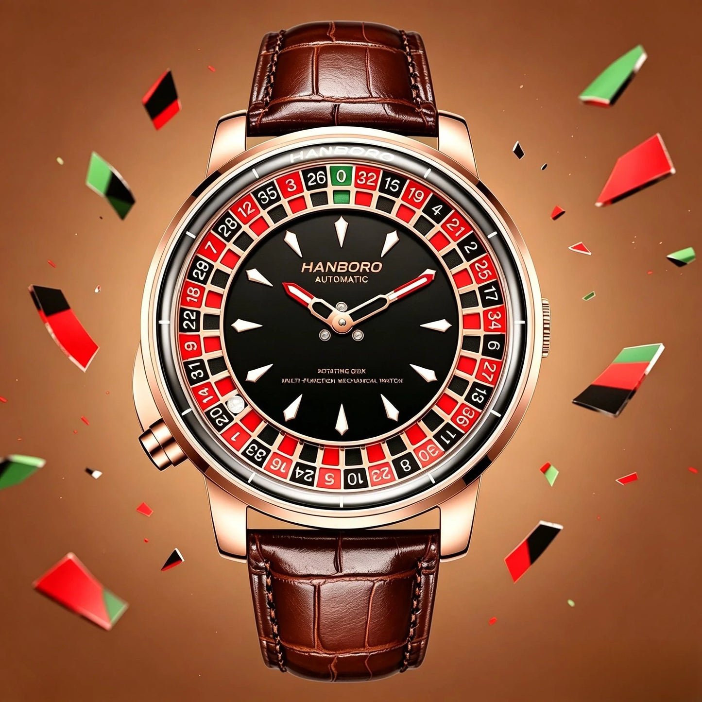 HANBORO Men's Fully Automatic Mechanical Watch Casino Wheel Rotating Dial Luxury Rose Gold Unique Personalized Watch