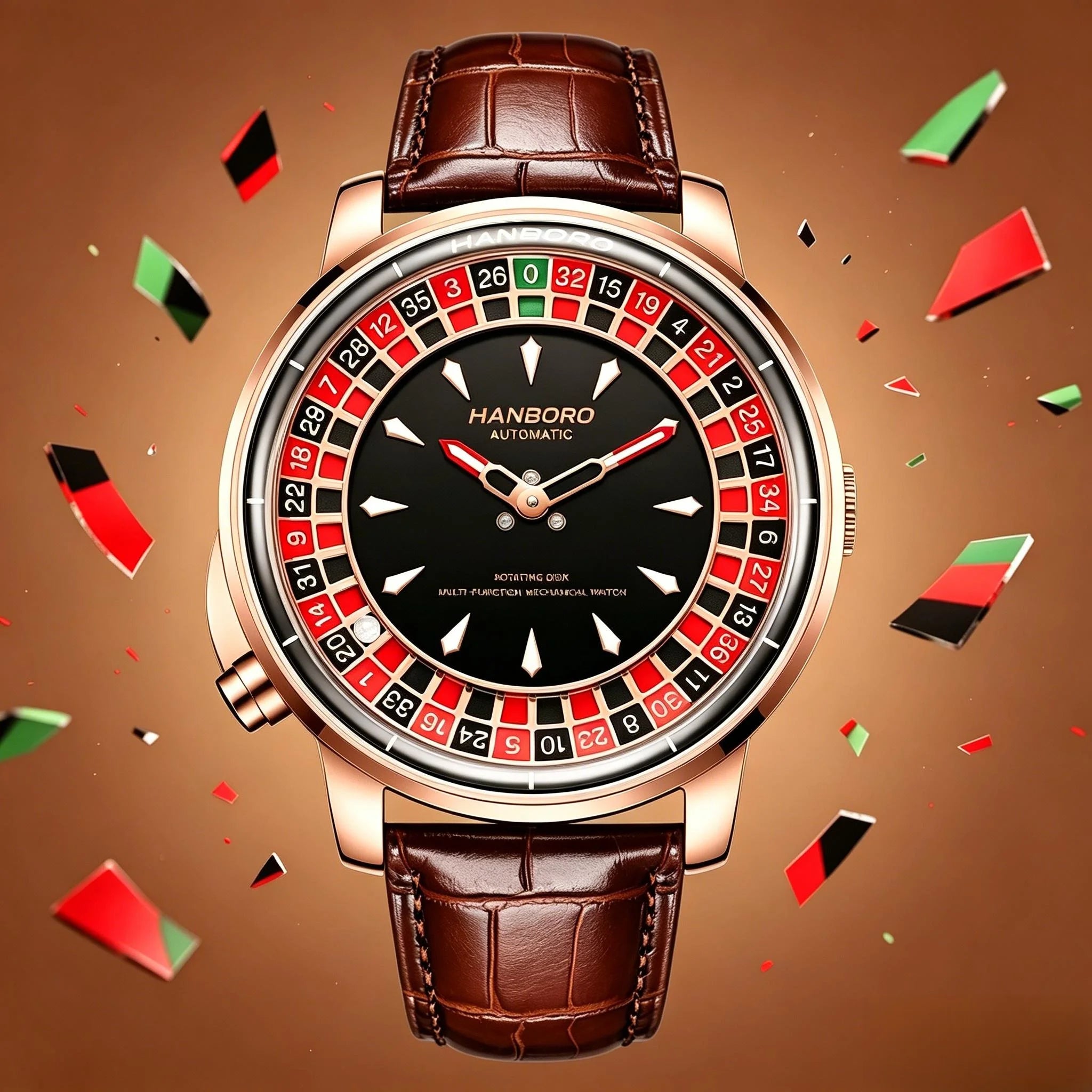 HANBORO Men's Fully Automatic Mechanical Watch Casino Wheel Rotating Dial Luxury Rose Gold Unique Personalized Watch