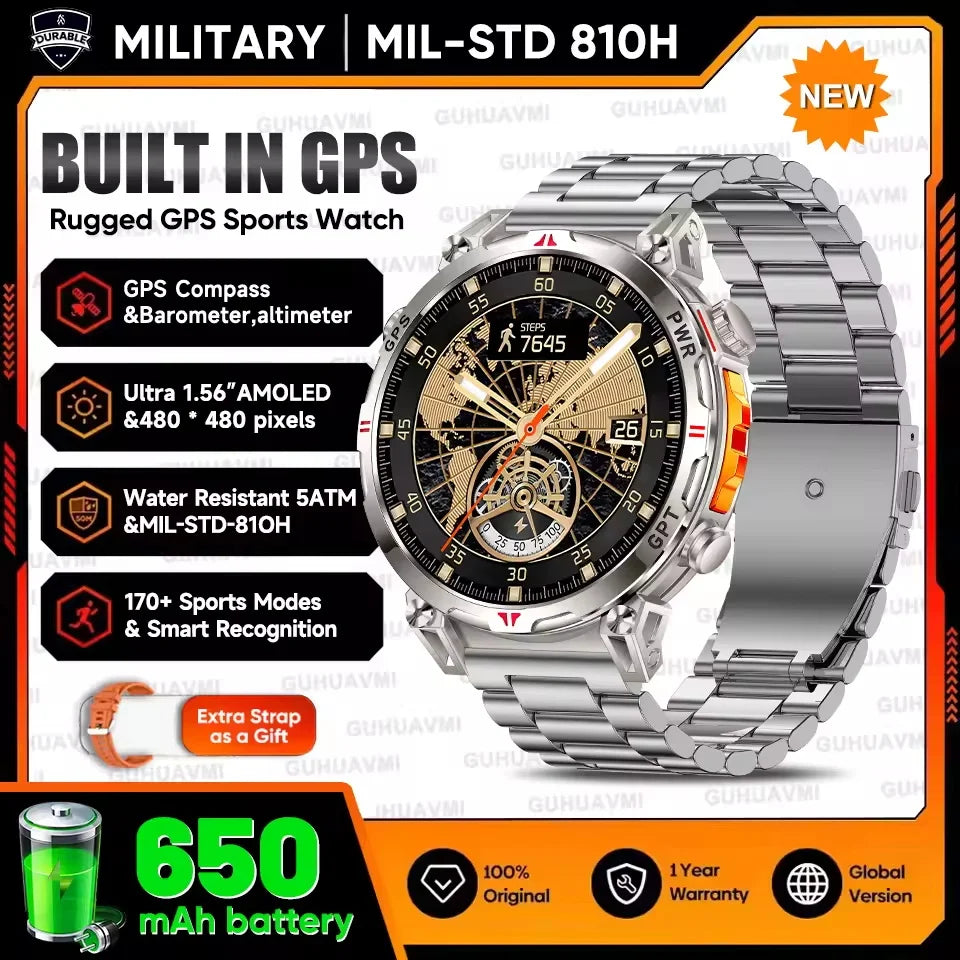New Upgrade GPS Outdoor Sports SmartWatch Men With 5ATM Swim Compass Altimeter 1.56" AMOLED Heart Rate Bluetooth Call Smartwatch